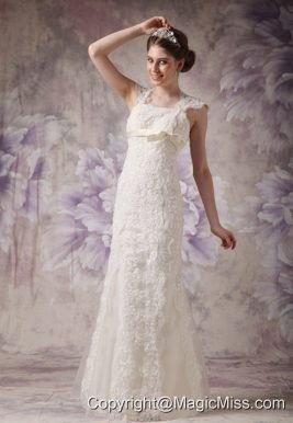 Exquisite Column Straps Floor-length Organza and Lace Bow Wedding Dress