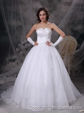 White A-line Strapless Brush Train Satin and Organza Embriodery Wedding Dress