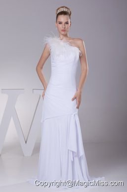 One Shoulder Chiffon Mermaid Feather Brush Train Wedding Dress