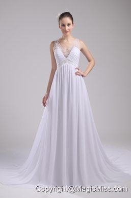 A-line V-neck Ruching Beading Wedding Dress