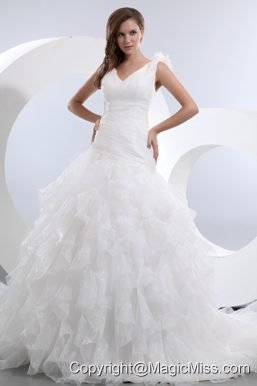 Gorgeous A-line V-neck Brush Train Taffeta and Organza Ruffles and Ruch Wedding Dress