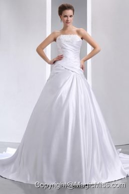 Romantic A-line Strapless Chapel Train Taffeta Appliques and Ruch Wedding Dress