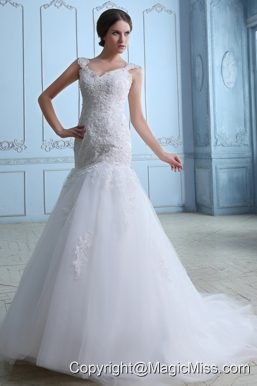 Lovely Mermaid Straps Brush Train Tulle Lace Wedding Dress