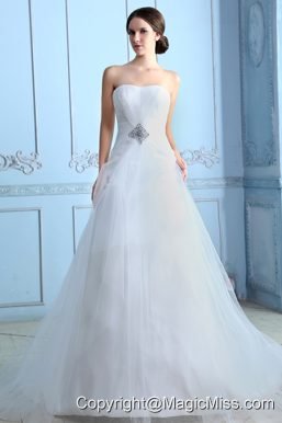 Pretty A-line Strapless Court Train Tulle Beading Wedding Dress