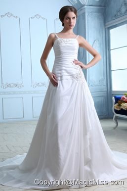 Elegant A-line Straps Court Train Taffeta Ruch and Appliques Wedding Dress