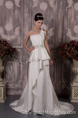 Custom Made A-line One Shoulder Brush Train Satin Beading Wedding Dress