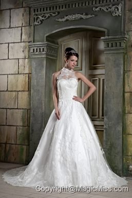 Beautiful A-line Halter Chapel Train Lace Beading Wedding Dress