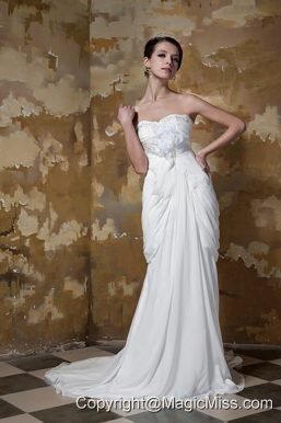 Pretty Column Sweetheart Court Train Chiffon Beading Wedding Dress