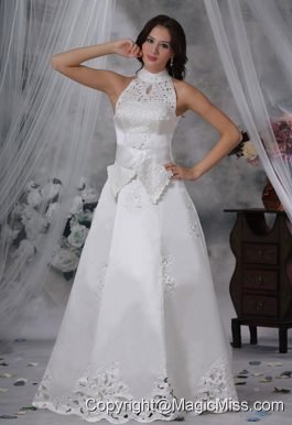 Waukon Iowa High-neck Appliques Sash A-line Bow Satin Wedding Dress For 2013 Fashionable Style