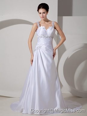 Best A-line Straps Court Train Satin Appliques Wedding Dress