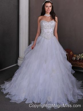 Beautiful A-line Sweetheart Chapel Train Organza Beading and Ruffles Wedding Dress