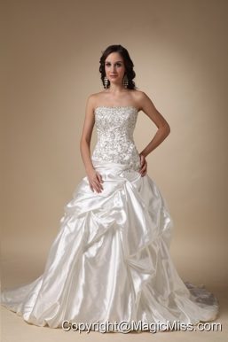 Luxurious A-line Strapless Chapel Train Taffeta Beading and Pick-ups Wedding Dress