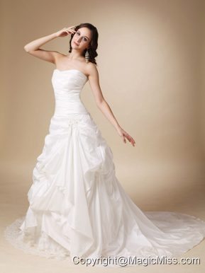 Modest A-line Strapless Chapel Train Taffeta Appliques and Pick-ups Wedding Dress