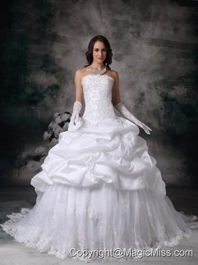 Modest Ball Gown Strapless Brush Train Taffeta Lace Wedding Dress