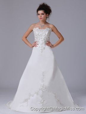 Embroidery Strapless Taffeta Brush / Sweep A-Line 2013 Wedding Dress