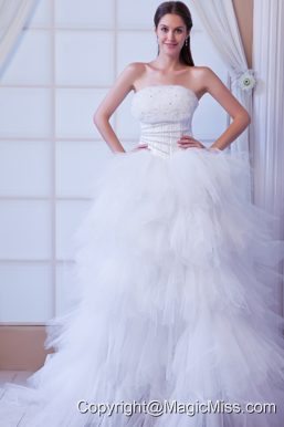 Romantic A-line Strapless Brush Train Tulle Beading Wedding Dress