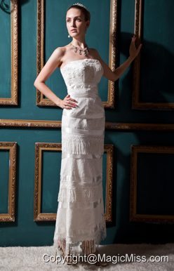 New Arrival Column Strapless Tea-length Special Fabric Beading and Lace Wedding Dress