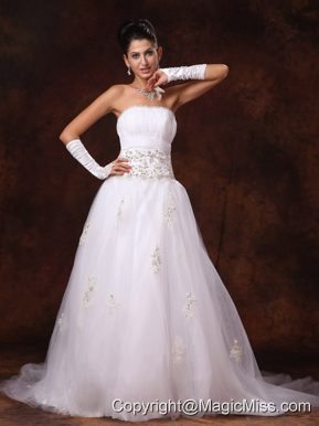 Tulle Strapless Appliques And Beaded Decorate Waist Court Train Garden Customize Wedding Dress