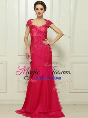 Admirable Coral Red Cap Sleeves Chiffon Sweep Train Backless Dress for Prom for Prom and Party