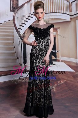 Adorable Scoop Floor Length Zipper Prom Gown Black and In for Prom and Party with Beading and Lace and Hand Made Flower