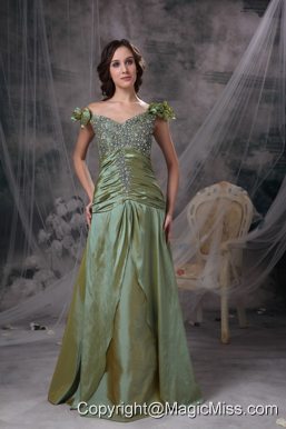 Luxurious Olive Green Prom Dress Column Off The Shoulder Beading and Ruch Taffeta Floor-length