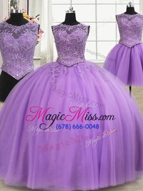 Fitting Three Piece Scoop Floor Length Lace Up 15 Quinceanera Dress Lilac and In for Military Ball and Sweet 16 and Quinceanera with Beading and Appliques