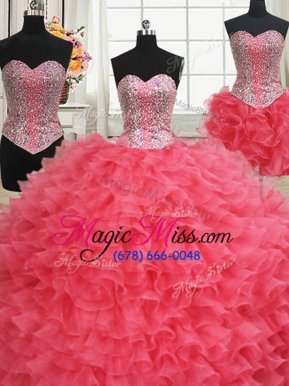 Perfect Three Piece Sweetheart Sleeveless 15 Quinceanera Dress Floor Length Beading and Ruffles Coral Red Organza