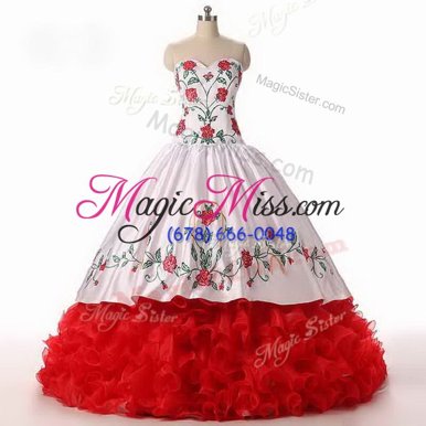 Wonderful White and Red Ball Gowns Organza Sweetheart Sleeveless Embroidery and Ruffled Layers Floor Length Lace Up Vestidos de Quinceanera