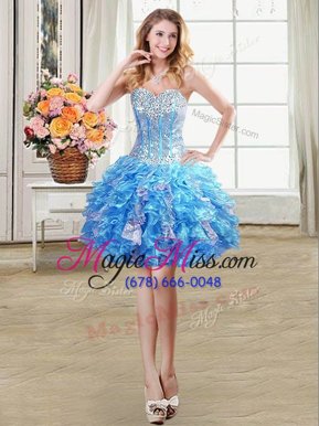 Elegant Sequins Baby Blue Sleeveless Organza Lace Up Homecoming Party Dress for Prom and Party