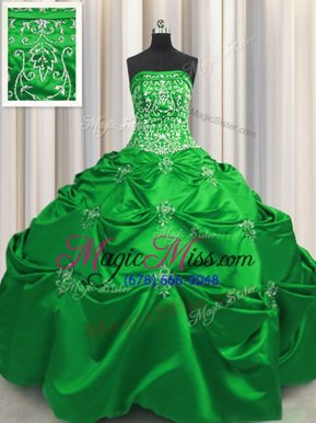 Exquisite Taffeta Strapless Sleeveless Lace Up Beading and Appliques and Embroidery Quinceanera Gowns in Green
