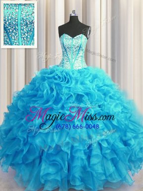 Visible Boning Bling-bling Baby Blue and Light Blue Organza Lace Up Sweetheart Sleeveless Floor Length 15th Birthday Dress Beading and Ruffles