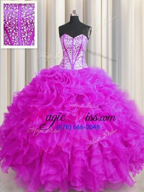 Popular Visible Boning Beaded Bodice Floor Length Lace Up Quinceanera Dress Fuchsia and In for Military Ball and Sweet 16 and Quinceanera with Beading and Ruffles