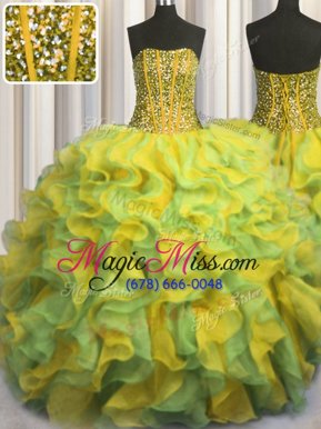 Adorable Visible Boning Bling-bling Multi-color Ball Gowns Strapless Sleeveless Organza Floor Length Lace Up Beading and Ruffles Sweet 16 Dresses