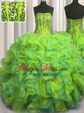 Eye-catching Visible Boning Beaded Bodice Floor Length Multi-color Quinceanera Gowns Organza Sleeveless Beading and Ruffles