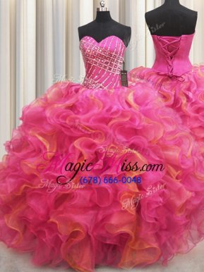 Hot Selling Sweetheart Sleeveless Quinceanera Gown Floor Length Beading and Ruffles Hot Pink Organza