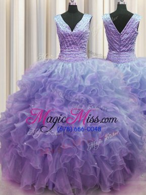 Dramatic V Neck Zipper Up V-neck Sleeveless Organza Quinceanera Gowns Ruffles Zipper