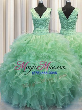 V Neck Zipper Up V-neck Sleeveless Sweet 16 Quinceanera Dress Floor Length Beading and Ruffles Light Blue Organza