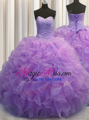 Designer Lavender Ball Gowns Sweetheart Sleeveless Organza Floor Length Lace Up Beading and Ruffles Sweet 16 Dress