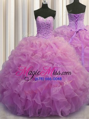 Fantastic Organza Sweetheart Sleeveless Lace Up Beading and Ruffles Quince Ball Gowns in Lilac