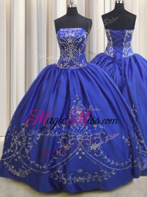 Dynamic Embroidery Floor Length Royal Blue Quinceanera Dresses Strapless Sleeveless Lace Up