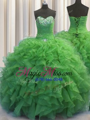 Customized Beaded Bust Green Sleeveless Organza Lace Up Quinceanera Dresses for Military Ball and Sweet 16 and Quinceanera