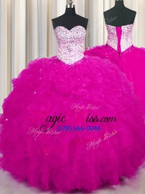 Charming Fuchsia 15 Quinceanera Dress Military Ball and Sweet 16 and Quinceanera and For with Beading and Ruffles Sweetheart Sleeveless Lace Up