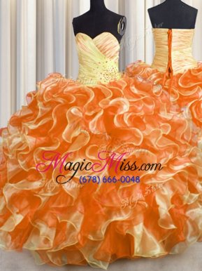Fitting Orange Quince Ball Gowns Military Ball and Sweet 16 and Quinceanera and For with Beading and Ruffles Sweetheart Sleeveless Lace Up
