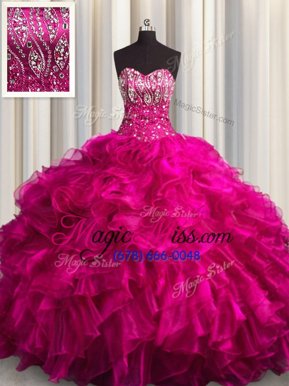 Edgy Fuchsia Quinceanera Dress Sweetheart Sleeveless Brush Train Lace Up