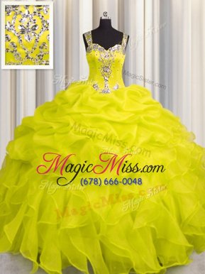 Glittering See Through Zipper Up Yellow Green Ball Gowns Organza Straps Sleeveless Appliques and Ruffles Floor Length Zipper Sweet 16 Quinceanera Dress