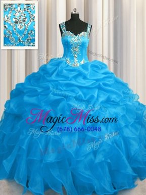 Cheap See Through Zipper Up Blue Ball Gowns Organza Straps Sleeveless Appliques and Ruffles Floor Length Zipper Sweet 16 Dresses