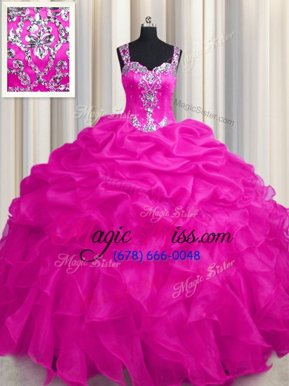 Customized See Through Zipper Up Hot Pink Organza Zipper Straps Sleeveless Floor Length Sweet 16 Dresses Appliques and Ruffles and Ruffled Layers