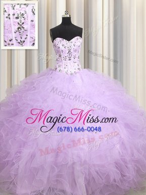 Dazzling Visible Boning Lavender Tulle Lace Up 15 Quinceanera Dress Sleeveless Floor Length Beading and Appliques and Ruffles