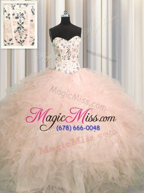 Charming Visible Boning Floor Length Pink 15 Quinceanera Dress Tulle Sleeveless Beading and Appliques and Ruffles