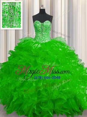 Deluxe See Through Organza Sweetheart Sleeveless Lace Up Beading and Ruffles Quinceanera Gowns in